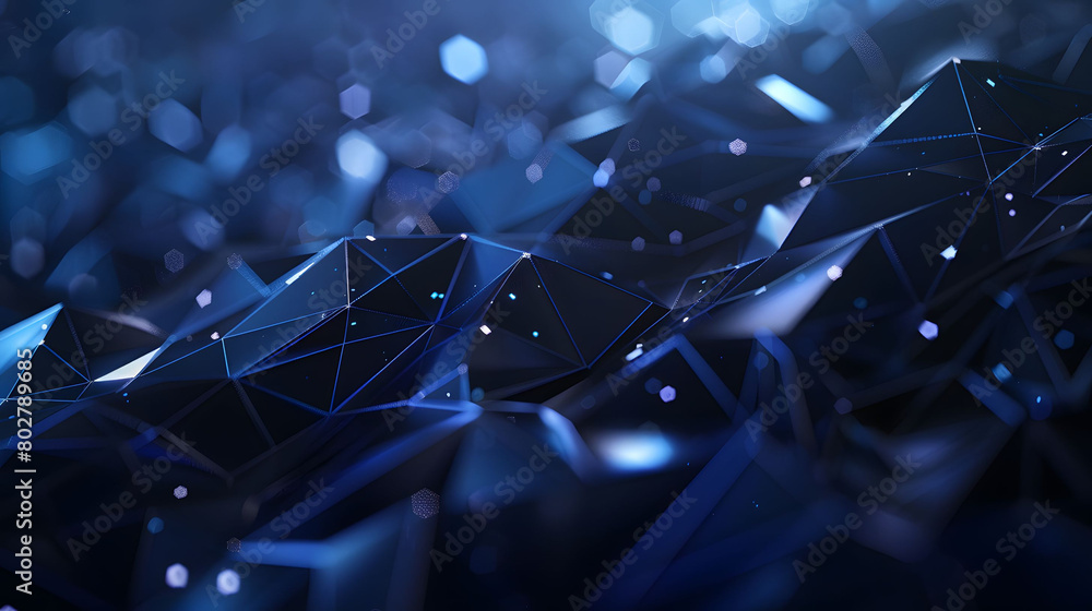 Abstract dark blue background with low poly geometric shapes, 3D rendering. Big data technology and futuristic digital concept of cyber network connection Abstract dark blue background with low poly geometric shapes, 3D rendering. Big data technology and futuristic digital concept of cyber network connection