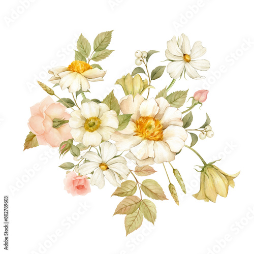 Composition of watercolor flowers. Peonies, roses, anemones, cosmos flowers, leaves, buds, berries and ears - all elements are hand-drawn and isolated
