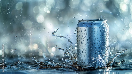 Aluminum can. Empty can with water splashing on a light blue background.