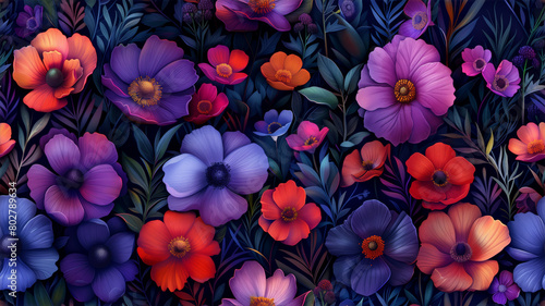 seamless floral pattern featuring untamed red and purple flowers, depicted in a botanical illustration style. The colorful background adds depth to this versatile textile design © Glebstock