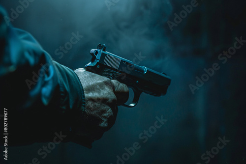male hand holding gun over dark background