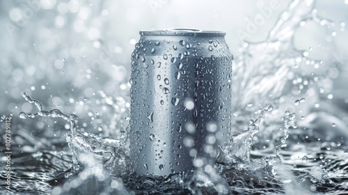 Aluminum cans. Empty can with water splashing on a light gray background.