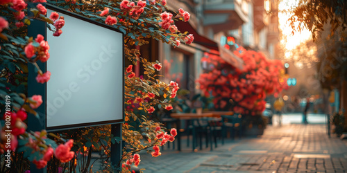 Floral adorned advertisement board on a sunny city street, ideal for themes of urban spring and outdoor advertising. © Мария Фадеева