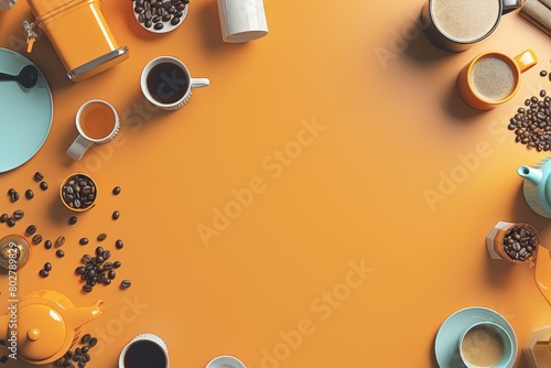 A table with a variety of coffee cups and a coffee pot photo