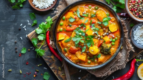 An overhead shot of a vibrant bowl of vegetarian razala curry, brimming with colorful vegetables and aromatic spices.