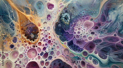 Abstract fluid art depicting swirling patterns in rich purple and teal hues with intricate cellular detail, creating a mesmerizing visual effect.