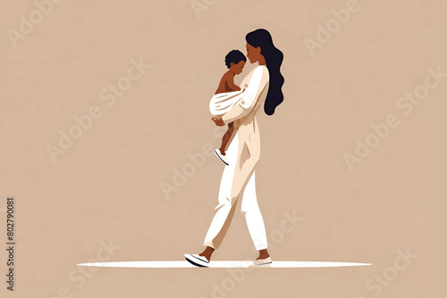 illustration of a mother walking while holding a baby