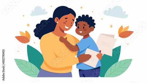 A beaming parent hugs their child as they receive their acceptance letter for a Juneteenth Grant a proud moment for both the family and the community.. Vector illustration
