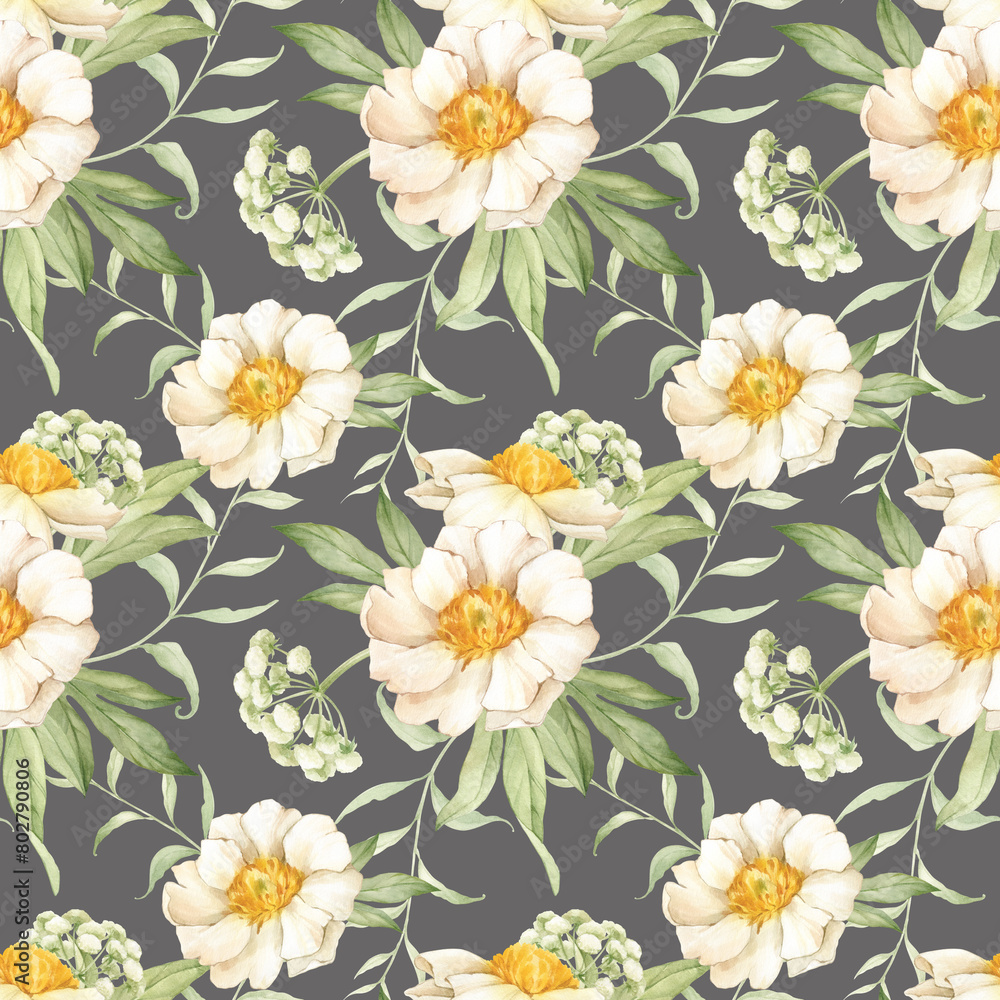 Seamless pattern of watercolor white peonies. All elements are hand-drawn with watercolors and isolated. Seamless pattern of watercolor white peonies. All elements are hand-drawn with watercolors and isolated.