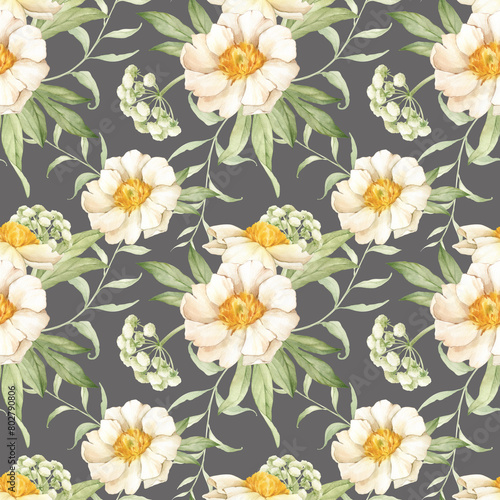 Seamless pattern of watercolor white peonies. All elements are hand-drawn with watercolors and isolated.