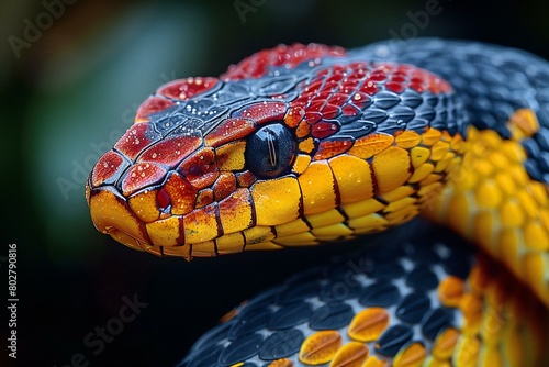Close up of the head of a snake with yellow and red patterns