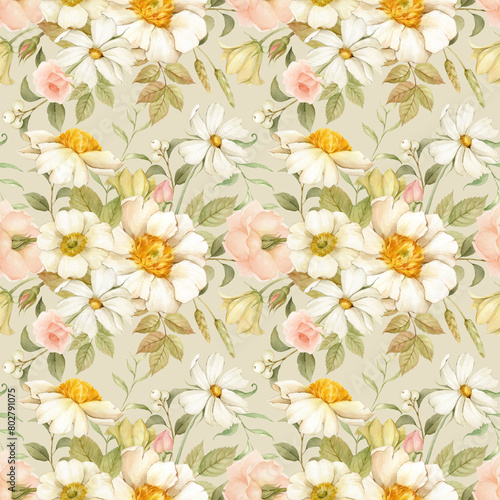 Seamless pattern of watercolor flowers  white peonies  pink roses  cosmos flowers  anemones  branches with berries  buds  herbs and leaves. All elements are hand-drawn with watercolors and isolated.