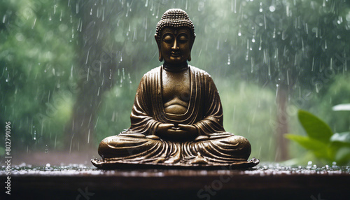 Buddha statue sitting in meditation with rain and forest in the background  © abu