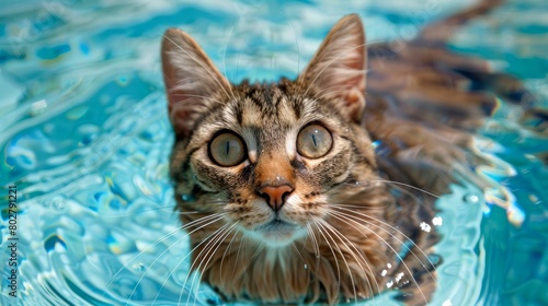 A cute tabby cat swimming in the water