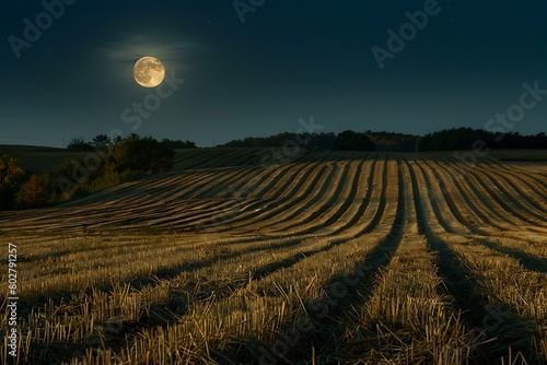 A harvest moon casting shadows on a freshly reaped field photo
