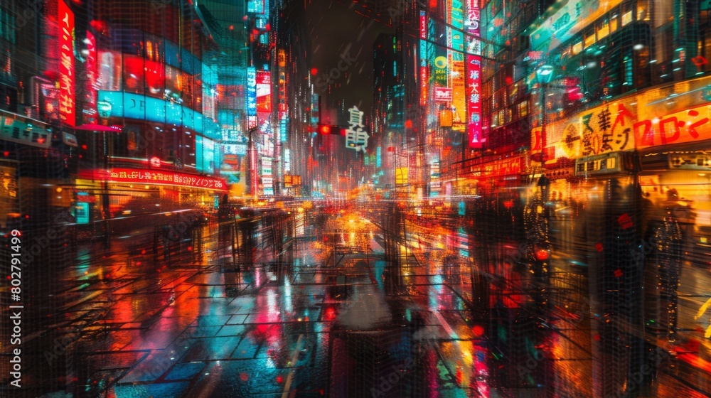 The image is a photo of a busy street in Tokyo, Japan. The street is crowded with people and there are many neon signs. The image is very colorful and vibrant. The image is a photo of a busy street in Tokyo, Japan. The street is crowded with people and there are many neon signs. The image is very colorful and vibrant.
