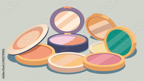An assortment of beautifully packaged powder compacts showcasing the evolution of face makeup from vintage pastel shades to contemporary bronzing. Vector illustration