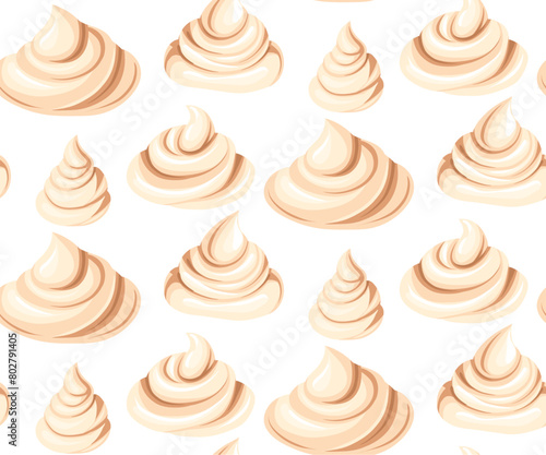 Vector seamless pattern with cartoon meringues and marshmallow on white background. Texture with sweet vanilla cream toppings. Surface design with tasty food for wallpaper and wrapping paper (ID: 802791405)