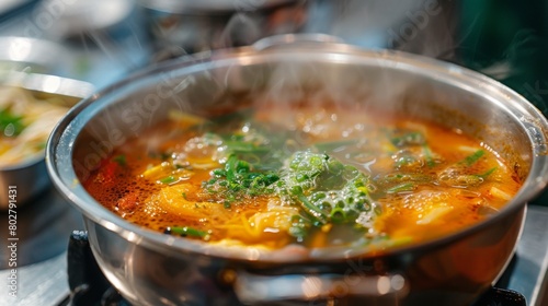 Close-up of a bubbling pot of Tom Yum Goong soup simmering on a stovetop, filling the kitchen with its tantalizing aroma of lemongrass and spices. photo