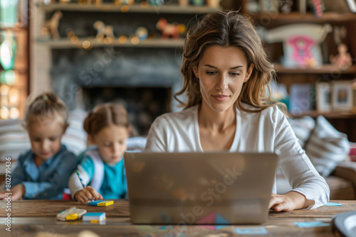 Freelance woman working at laptop with children on background