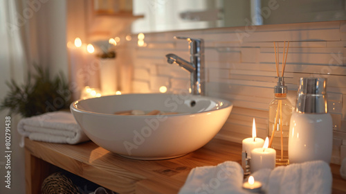 Table with white sink burning candles