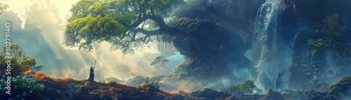 The image is a digital painting of a fantasy landscape. It features a giant tree in the center, with a waterfall flowing down from the top of the cliff.