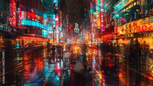 The image is a photo of a busy street in Tokyo, Japan. The street is crowded with people and there are many neon signs. The image is very colorful and vibrant.