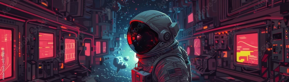 The image shows a astronaut in a futuristic spacesuit standing in a dark room with red lights. The image shows a astronaut in a futuristic spacesuit standing in a dark room with red lights.