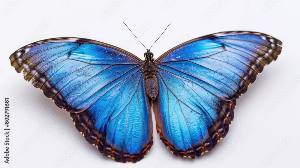 Naklejka premium A beautiful blue butterfly resting on a white surface. Suitable for nature or spring-themed designs