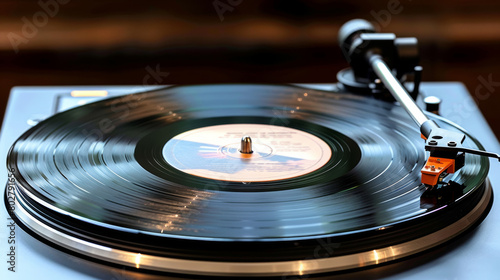 Close-up of a classic vinyl record spinning on a turntable, with the needle in the groove and soft ambient lighting enhancing the vintage feel