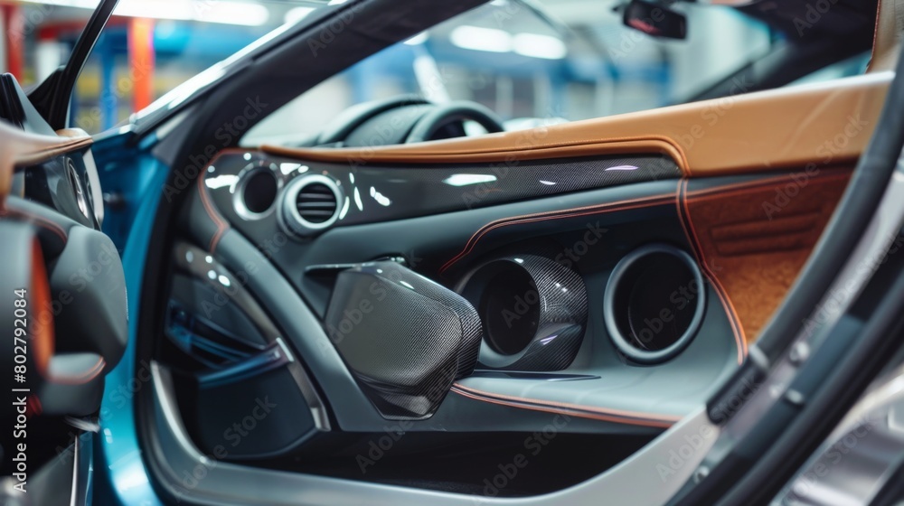 Close-up of a car door panel undergoing customization to accommodate upgraded speakers, enhancing the vehicle's audio capabilities. Close-up of a car door panel undergoing customization to accommodate upgraded speakers, enhancing the vehicle's audio capabilities.