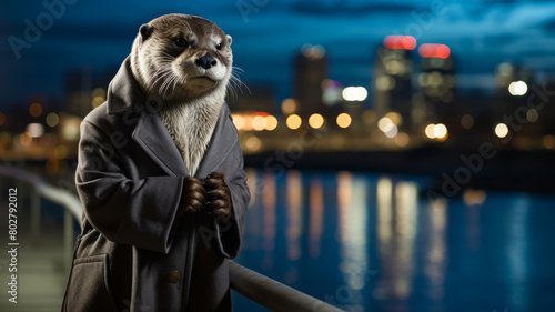 A small otter wearing a coat stands on a pier photo