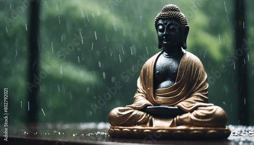 Buddha statue sitting in meditation with rain and forest in the background 
