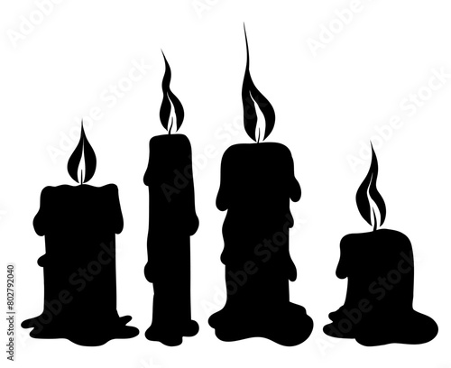 Vector set of black silhouette wax candles with lights. Monochrome collection clip arts of paraffin candles isolated from white background. Game icons