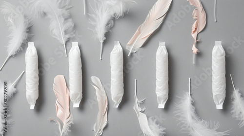Tampons with feathers on grey background photo