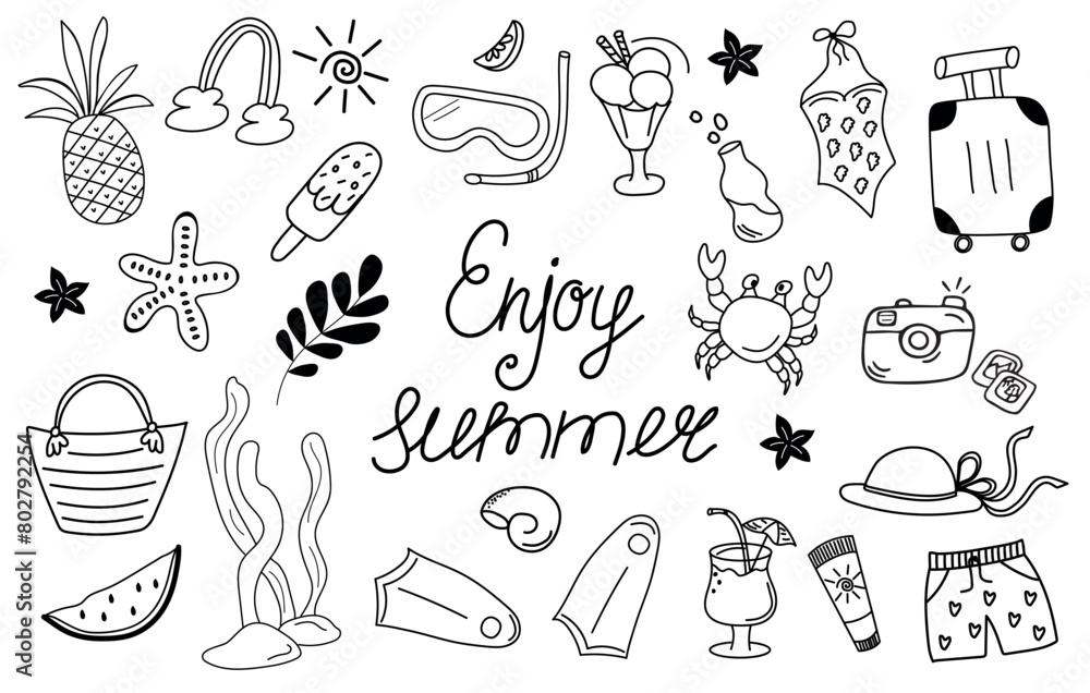 Enjoy summer doodle set. Hand drawn style.   Tropical palm flowers, fruits, pineapple, watermelon, ice cream, crab, shell icon collection. Summertime, traveling, beach concept.