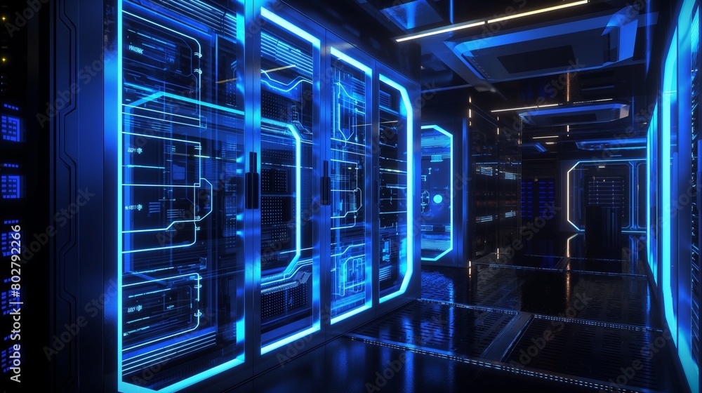 A sleek, futuristic data center illuminated by neon blue lights, with servers encased in transparent, bulletproof materials showcasing the physical aspect of data security. 