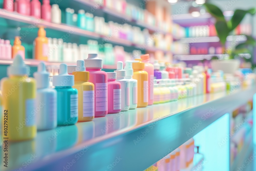 A colorful display of various bottles of medicine on a counter