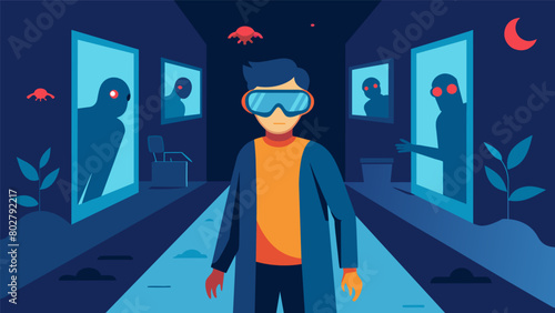 As a person with fear filter glasses walks through their own home the familiar surroundings now filled with unknown dangers and potential hazards..