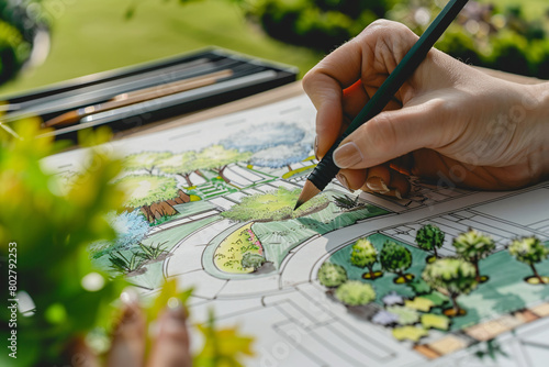 Female hand with pencil drawing landscape architect photo