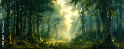 The photo shows a beautiful forest with green trees and a bright sun shining through the trees. photo