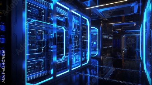 A sleek, futuristic data center illuminated by neon blue lights, with servers encased in transparent, bulletproof materials showcasing the physical aspect of data security. 