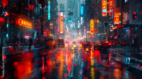 The photo shows a busy street in a city at night. The street is wet from the rain and the lights of the city are reflected in the puddles.