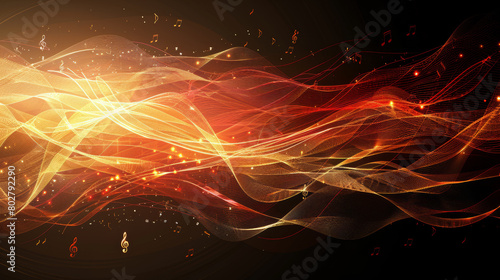 Abstract vibrant visualization of sound waves intertwining  interwoven with musical notes  with glowing  flowing colors in a digital art style  merging technology and audio harmony .