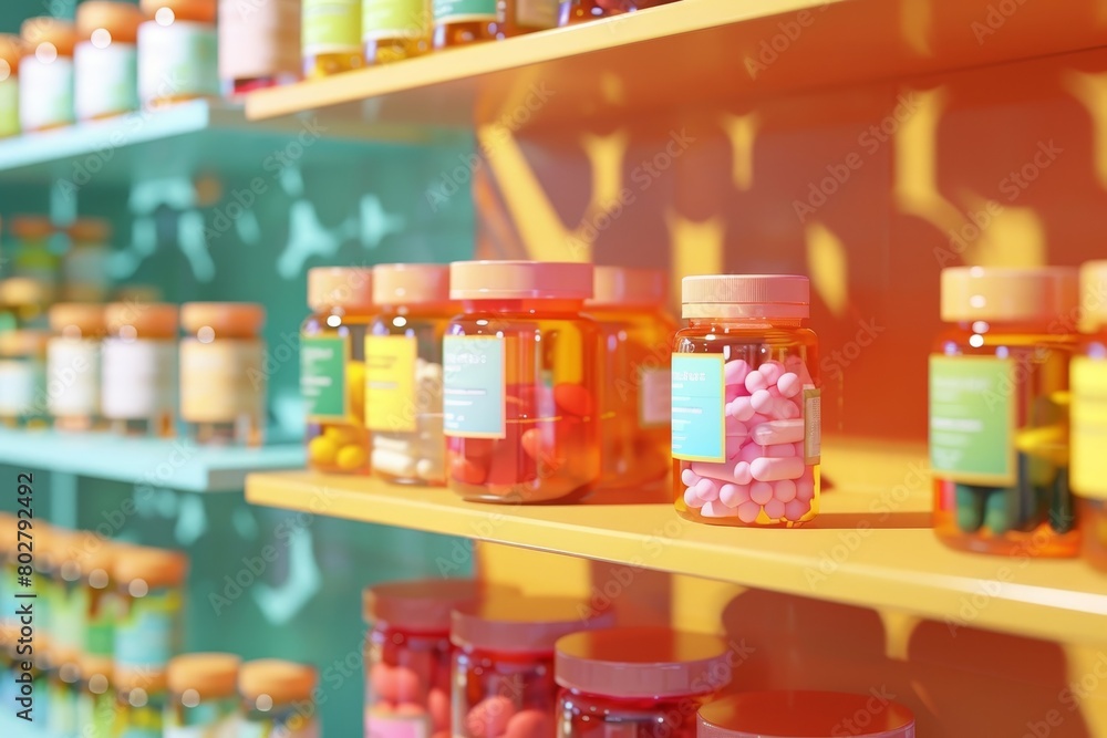 A colorful display of various bottles of medicine on a counter