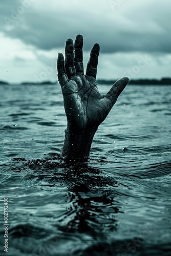 A chilling scene  a pale hand claws its way out of the murky water  with a menacing storm brewing above.