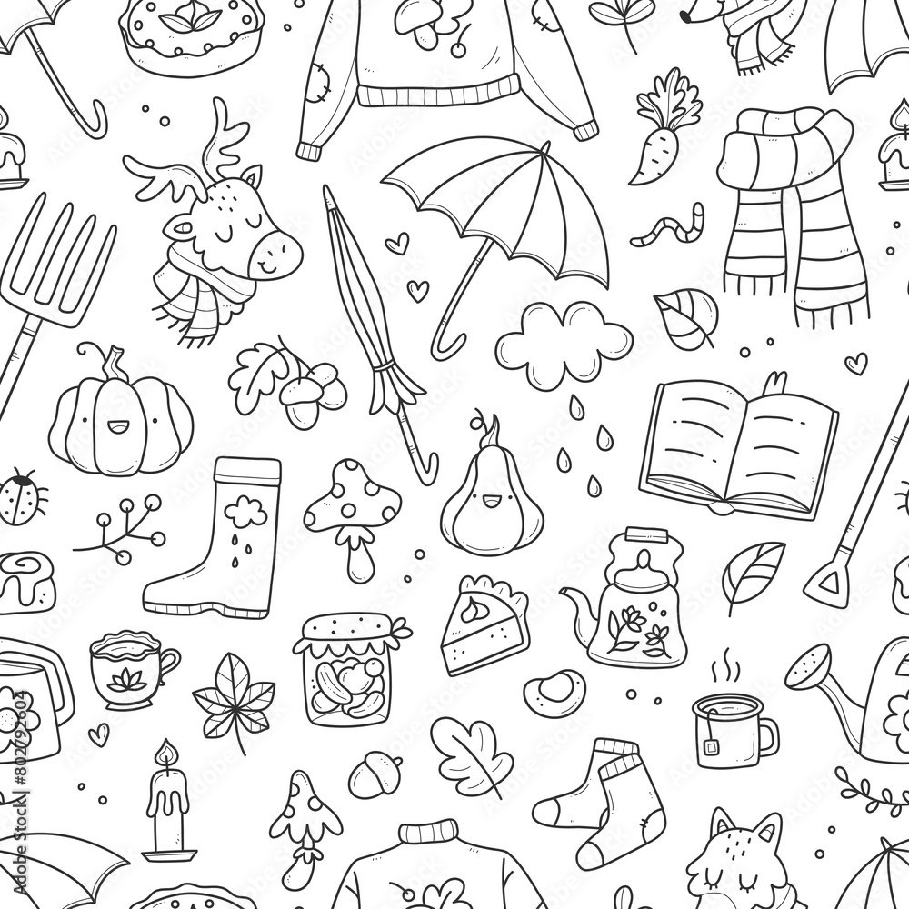 Seamless autumn pattern with cute doodles. illustration background.