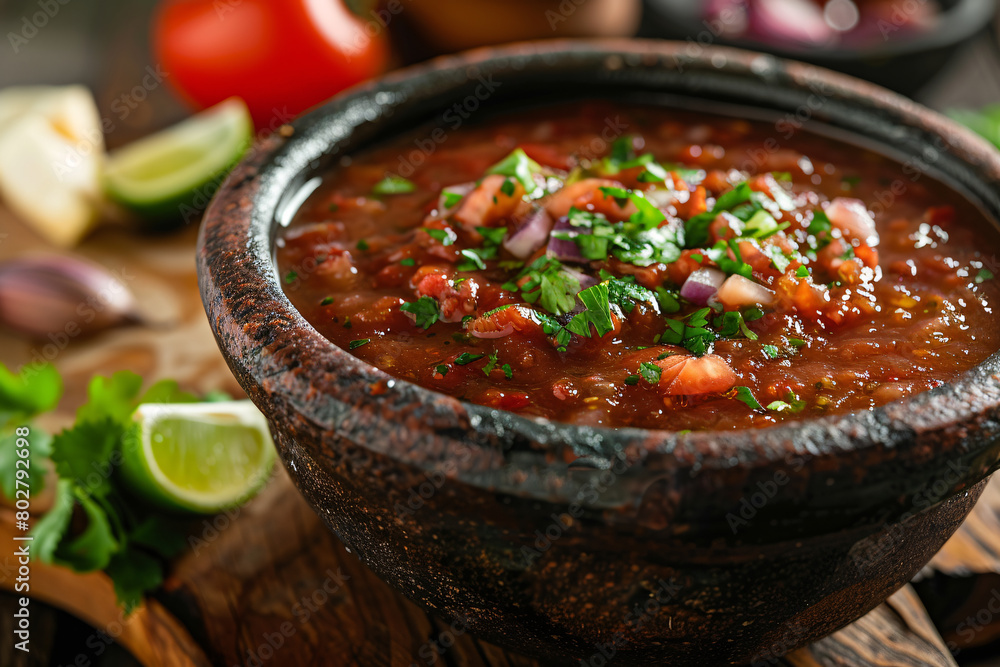 Homemade tomato mexican salsa in brown bowl on table Homemade tomato mexican salsa in brown bowl on table