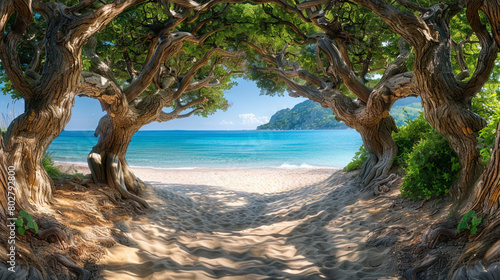Scenic tropical beach with lush green trees swaying in the summer breeze