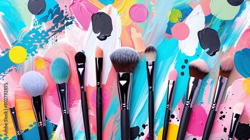 A close-up view of a bunch of makeup brushes against a vibrant and abstract colorful background in a beauty store or cosmetic salon setting. Generative AI